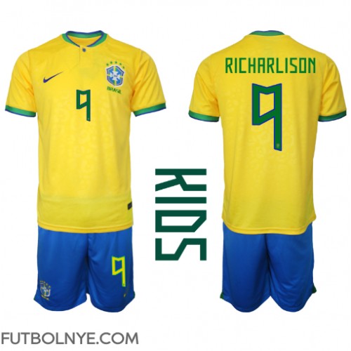 Camiseta Brasil Richarlison #9 Primera Equipación para niños Mundial 2022 manga corta (+ pantalones cortos)